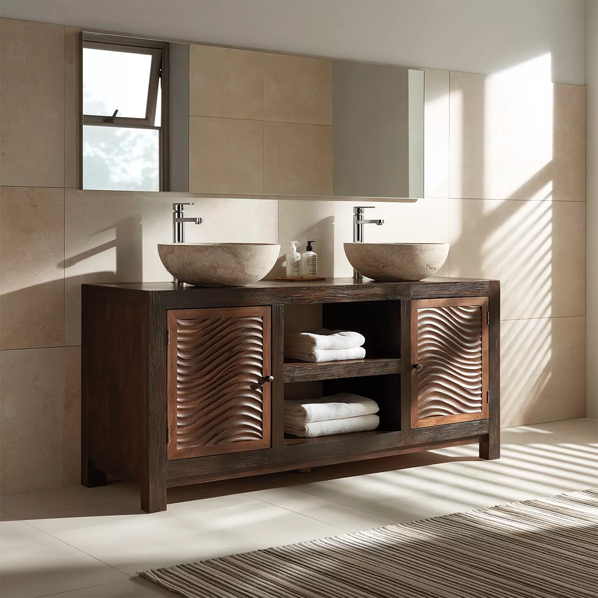 Double Sink Solid Wood Bathroom Vanity With Carved Wave Doors And Open Shelf Storage - Livewoodcraft - 2