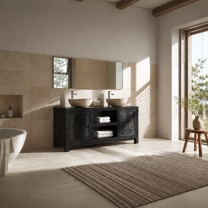 Double Sink Solid Wood Bathroom Vanity With Carved Wave Doors And Open Shelf Storage - Livewoodcraft - 3