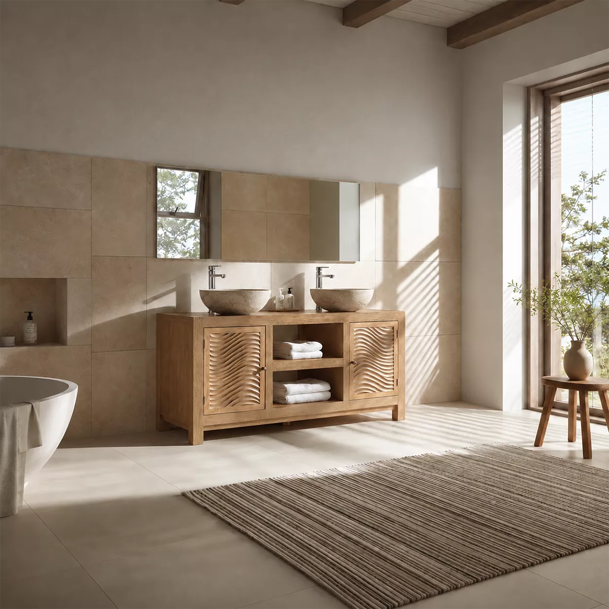 Double Sink Solid Wood Bathroom Vanity With Carved Wave Doors And Open Shelf Storage - Livewoodcraft - 4