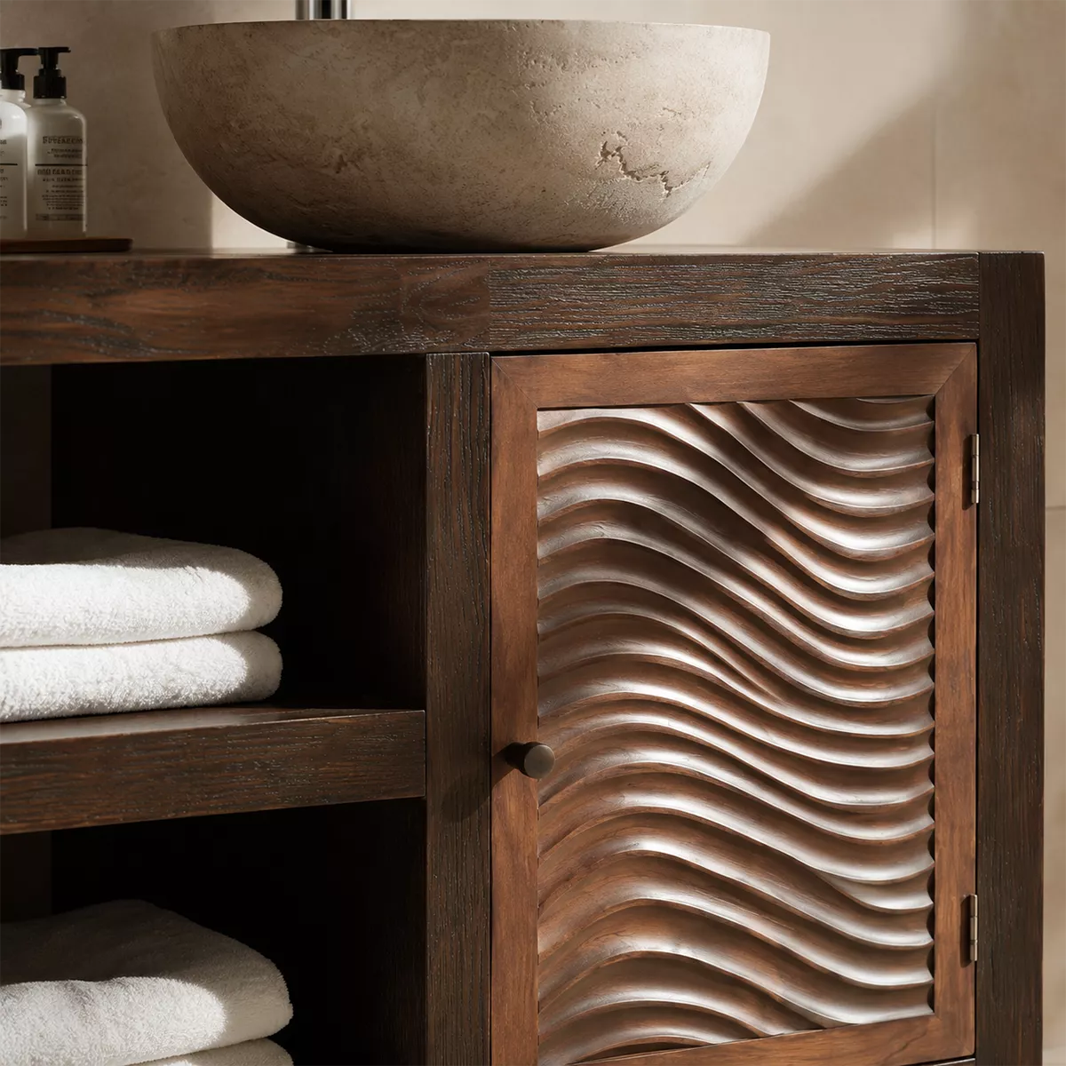 Double Sink Solid Wood Bathroom Vanity With Carved Wave Doors And Open Shelf Storage - Livewoodcraft - 5