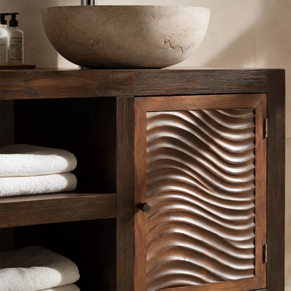 Double Sink Solid Wood Bathroom Vanity With Carved Wave Doors And Open Shelf Storage - Livewoodcraft - 5