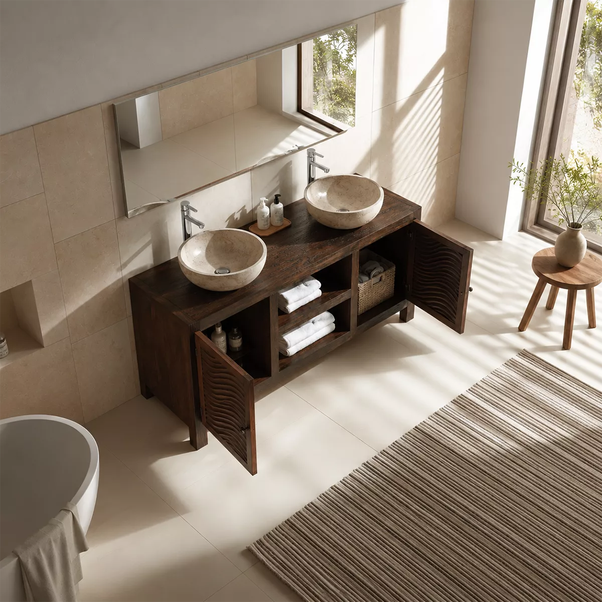 Double Sink Solid Wood Bathroom Vanity With Carved Wave Doors And Open Shelf Storage - Livewoodcraft - 6