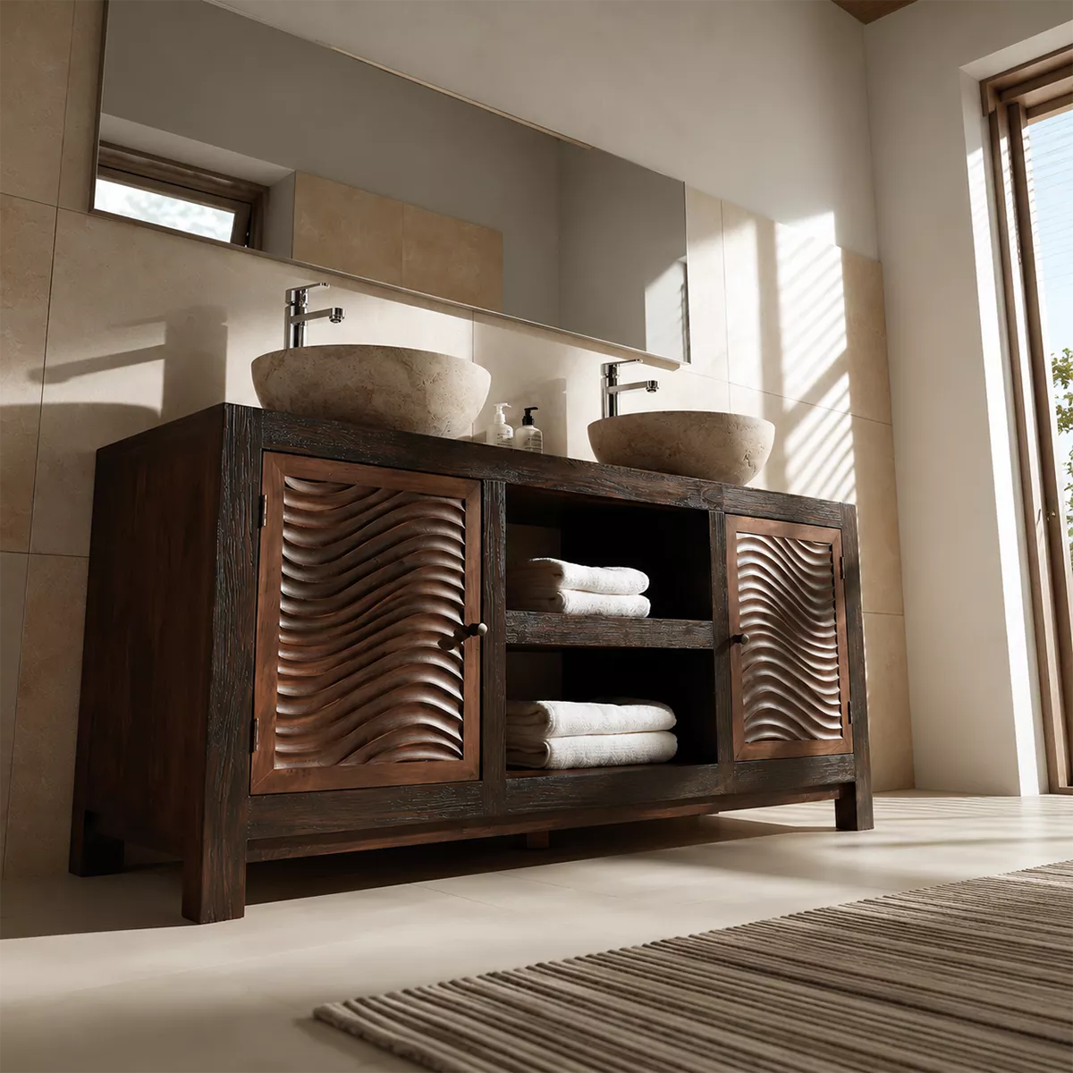 Double Sink Solid Wood Bathroom Vanity With Carved Wave Doors And Open Shelf Storage - Livewoodcraft - 7