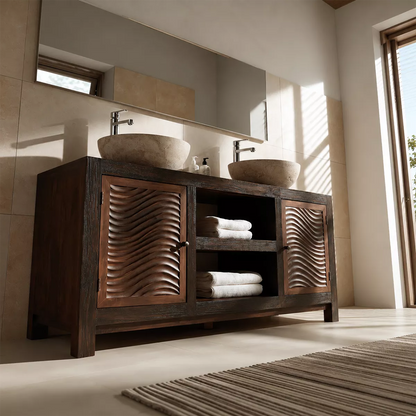 Double Sink Solid Wood Bathroom Vanity With Carved Wave Doors And Open Shelf Storage - Livewoodcraft - 7