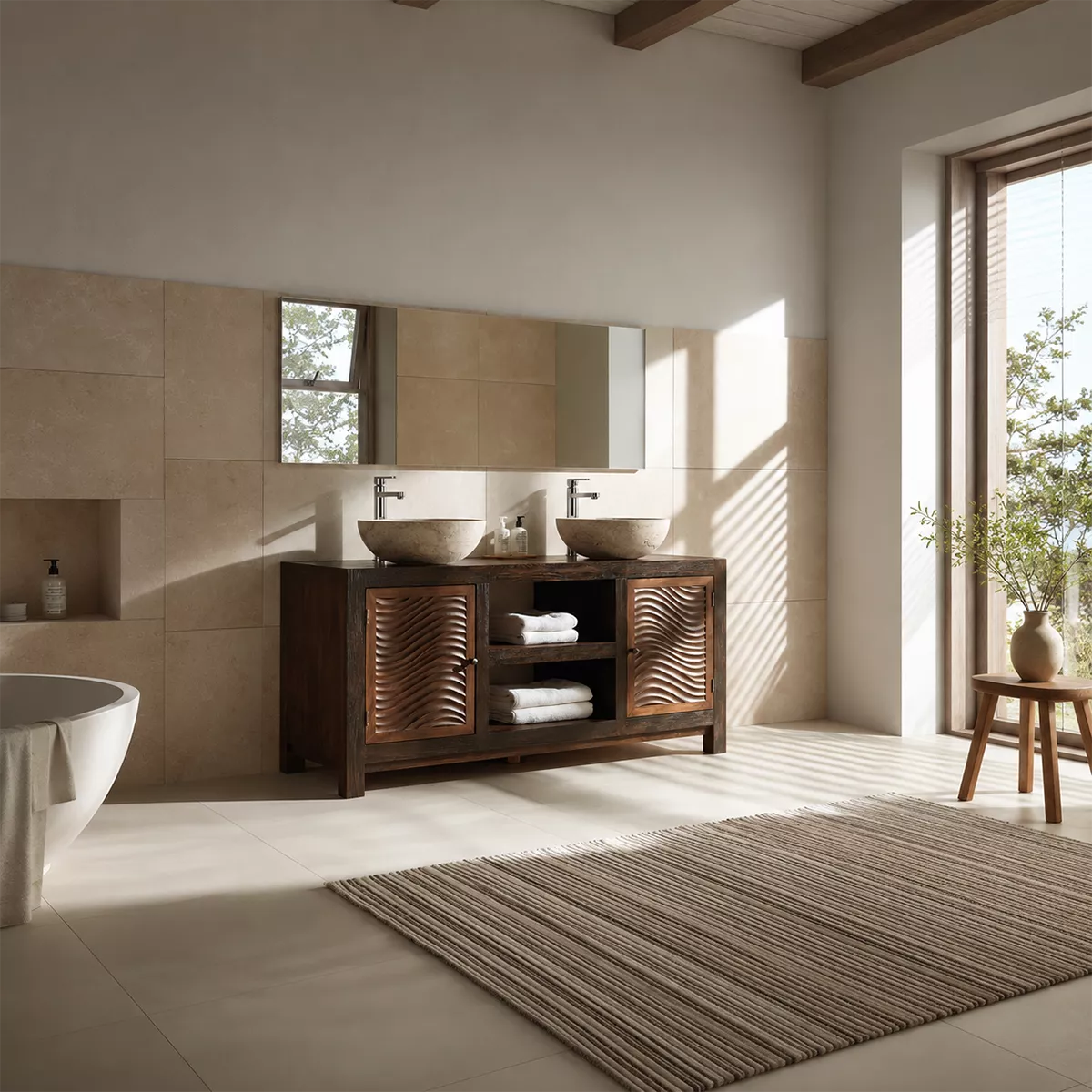 Double Sink Solid Wood Bathroom Vanity With Carved Wave Doors And Open Shelf Storage - Livewoodcraft - 8