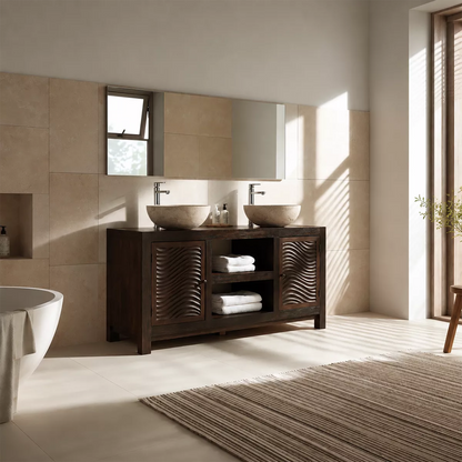 Double Sink Solid Wood Bathroom Vanity With Carved Wave Doors And Open Shelf Storage - Livewoodcraft - 9