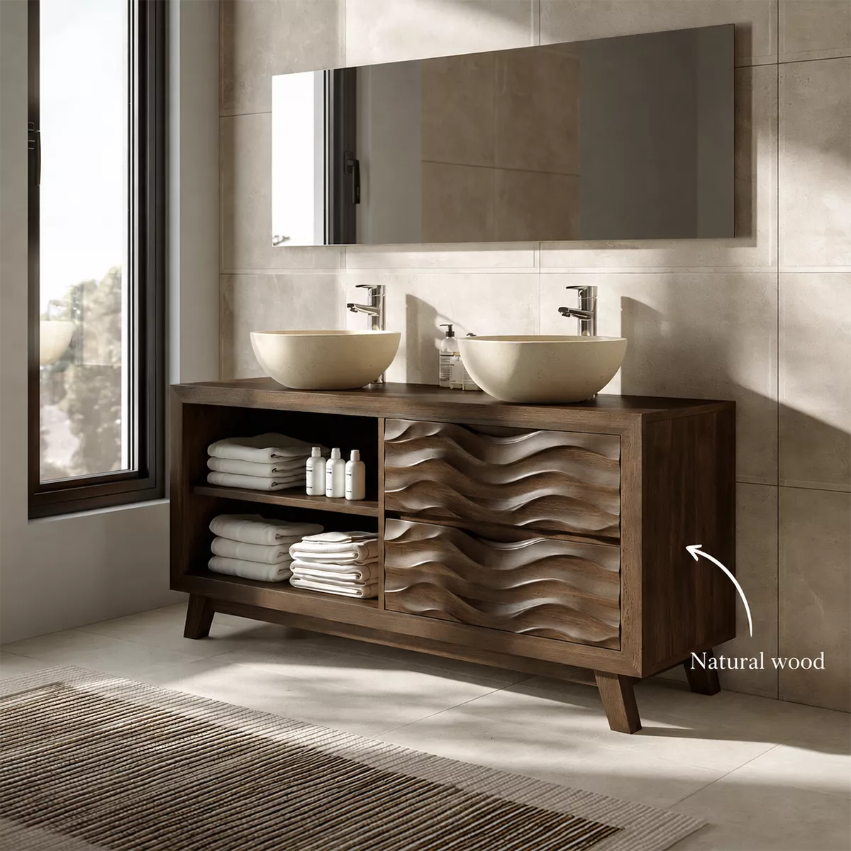 Double Sink Solid Wood Bathroom Vanity With Open Shelf And Carved Wave Drawer Storage - Livewoodcraft - 10