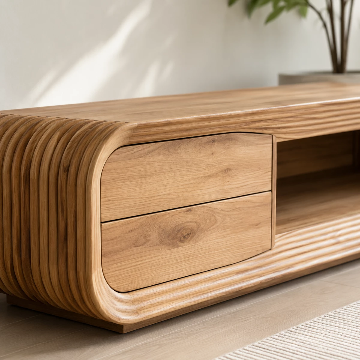 Natural Solid Wood TV Stand with Two Drawers and Ribbed Open Media Shelf