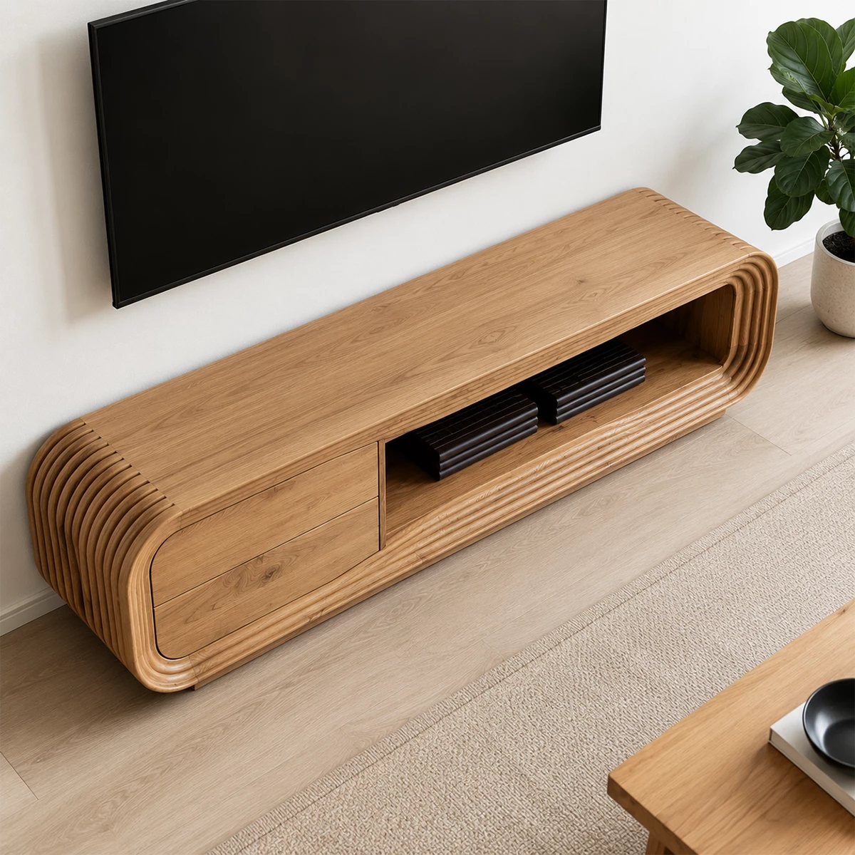 Natural Solid Wood TV Stand with Two Drawers and Ribbed Open Media Shelf