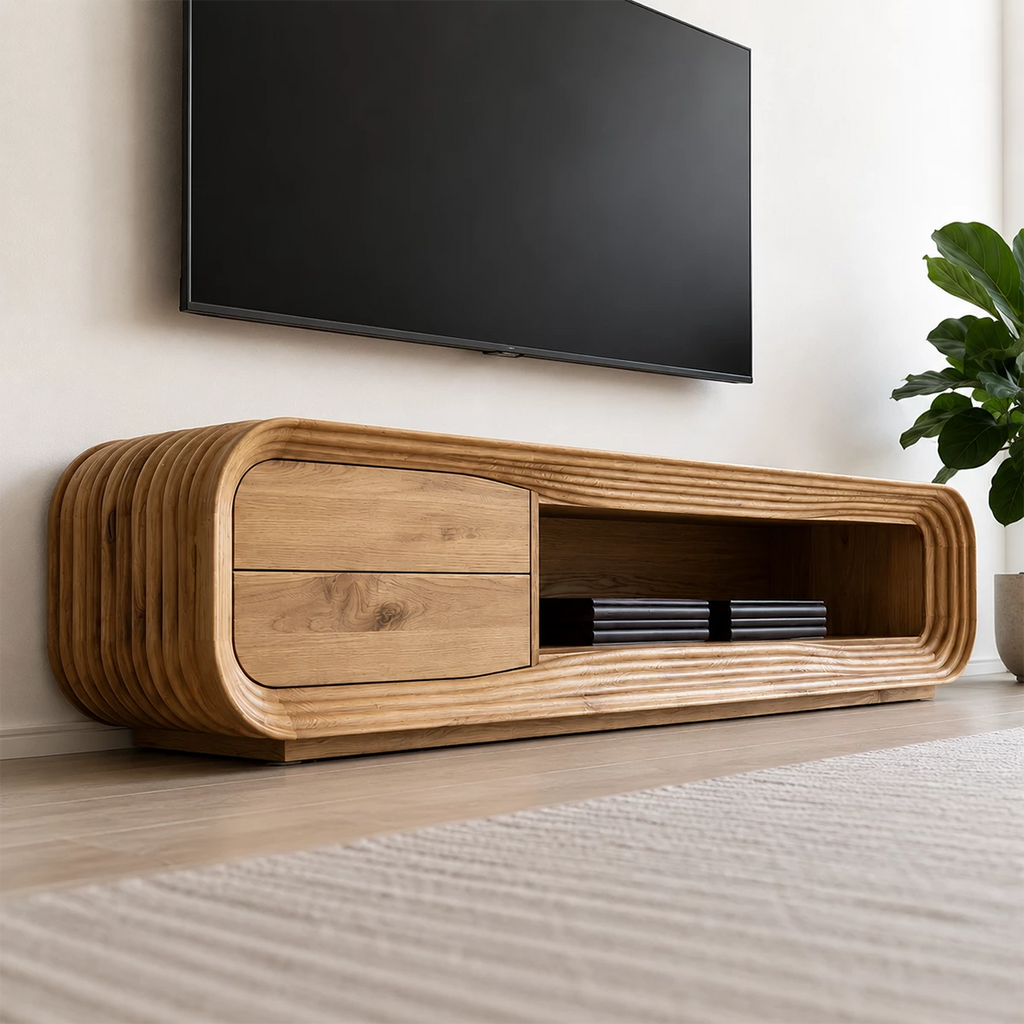 Natural Solid Wood TV Stand with Two Drawers and Ribbed Open Media Shelf