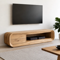 Natural Solid Wood TV Stand with Two Drawers and Ribbed Open Media Shelf
