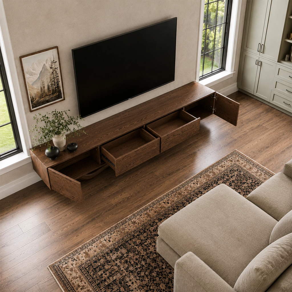 Natural Solid Wood TV Stand with Four Cabinets and Sculptural Wave Base