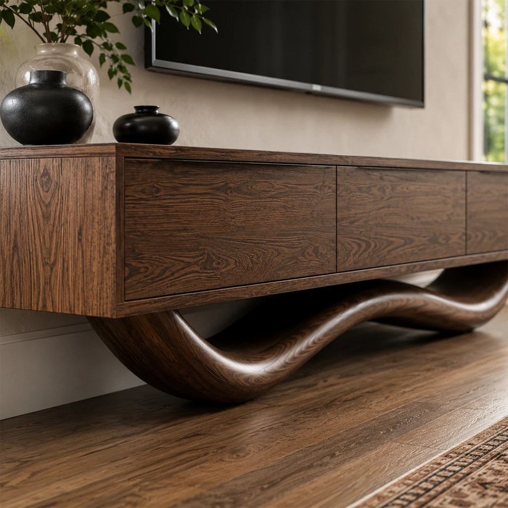 Natural Solid Wood TV Stand with Four Cabinets and Sculptural Wave Base