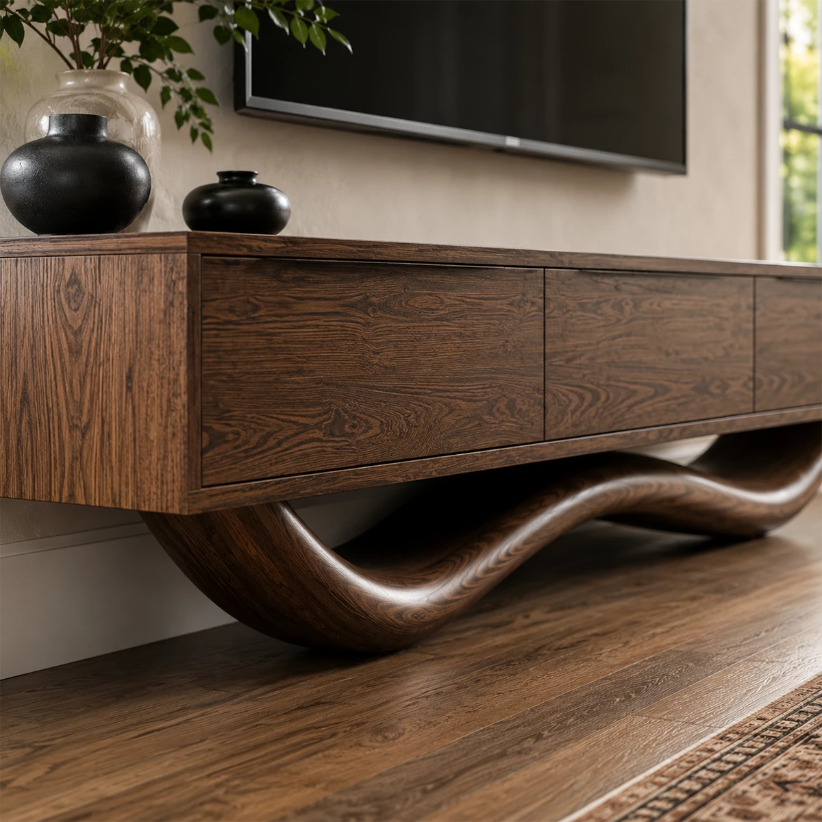 Natural Solid Wood TV Stand with Four Cabinets and Sculptural Wave Base