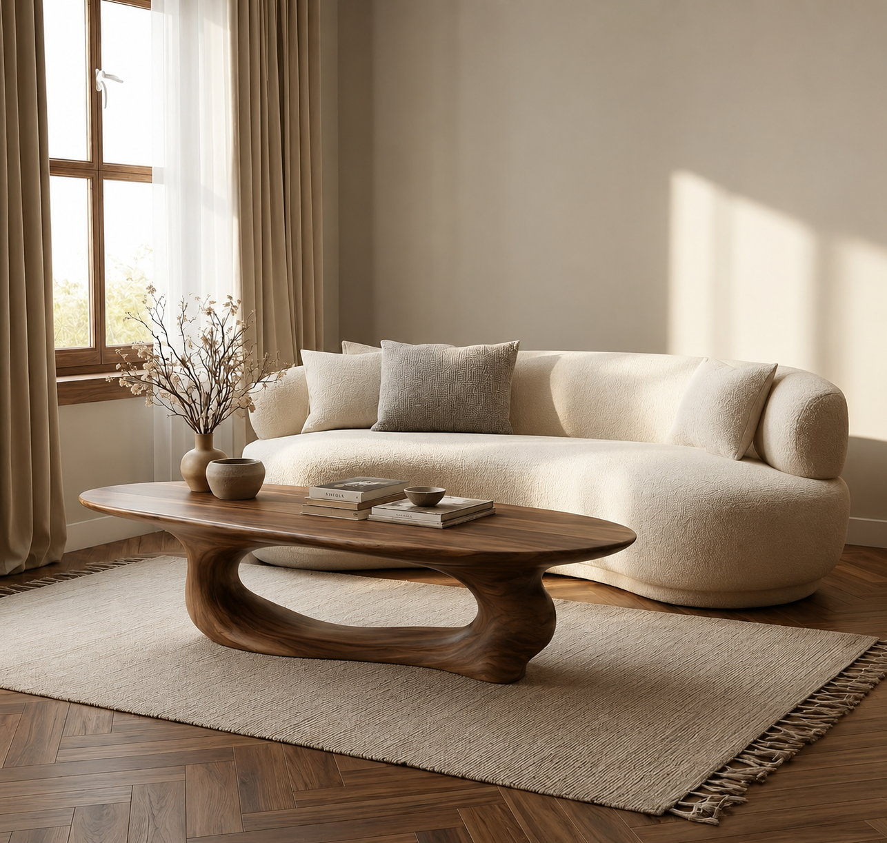 Organic Wave Wood Coffee Table – Sculptural Natural Wood Center Table for Modern Living Room