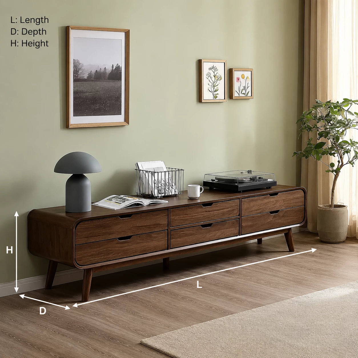 Mid Century Natural Solid Wood TV Stand with Six Drawer Storage