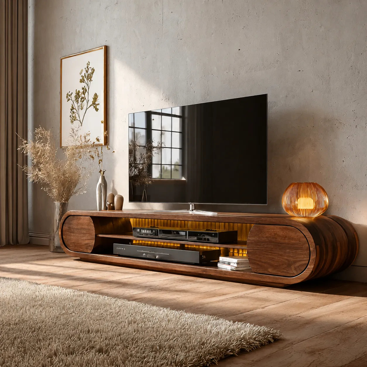 Rounded Modern TV Stand with Open Media Storage and Ambient Lighting