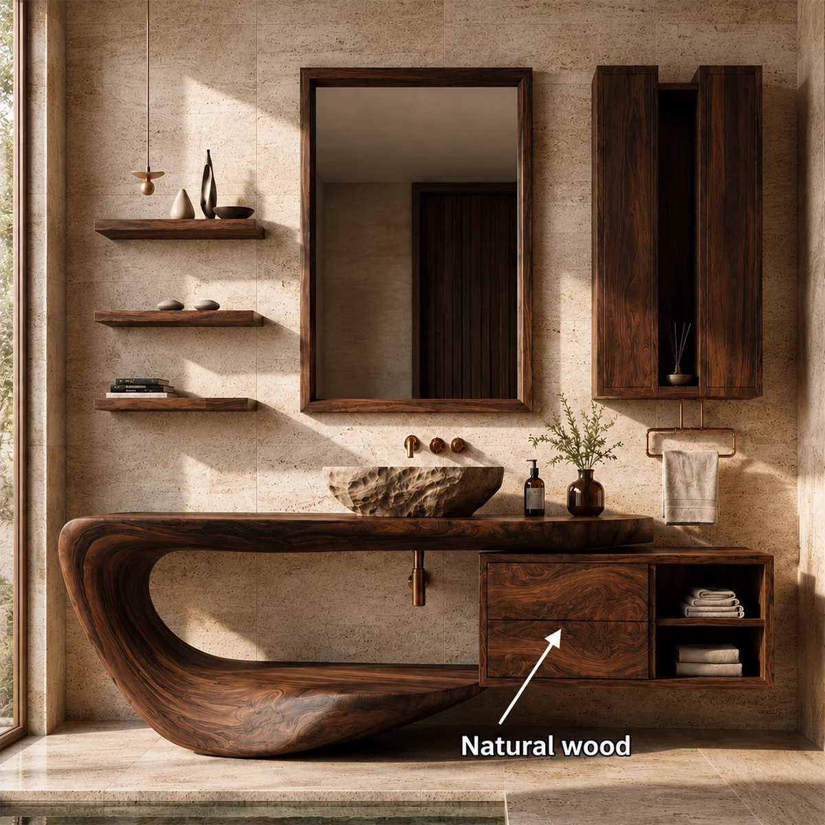 Organic Floating Bathroom Vanity With Sculptural Curved Wood Base & Wall Storage