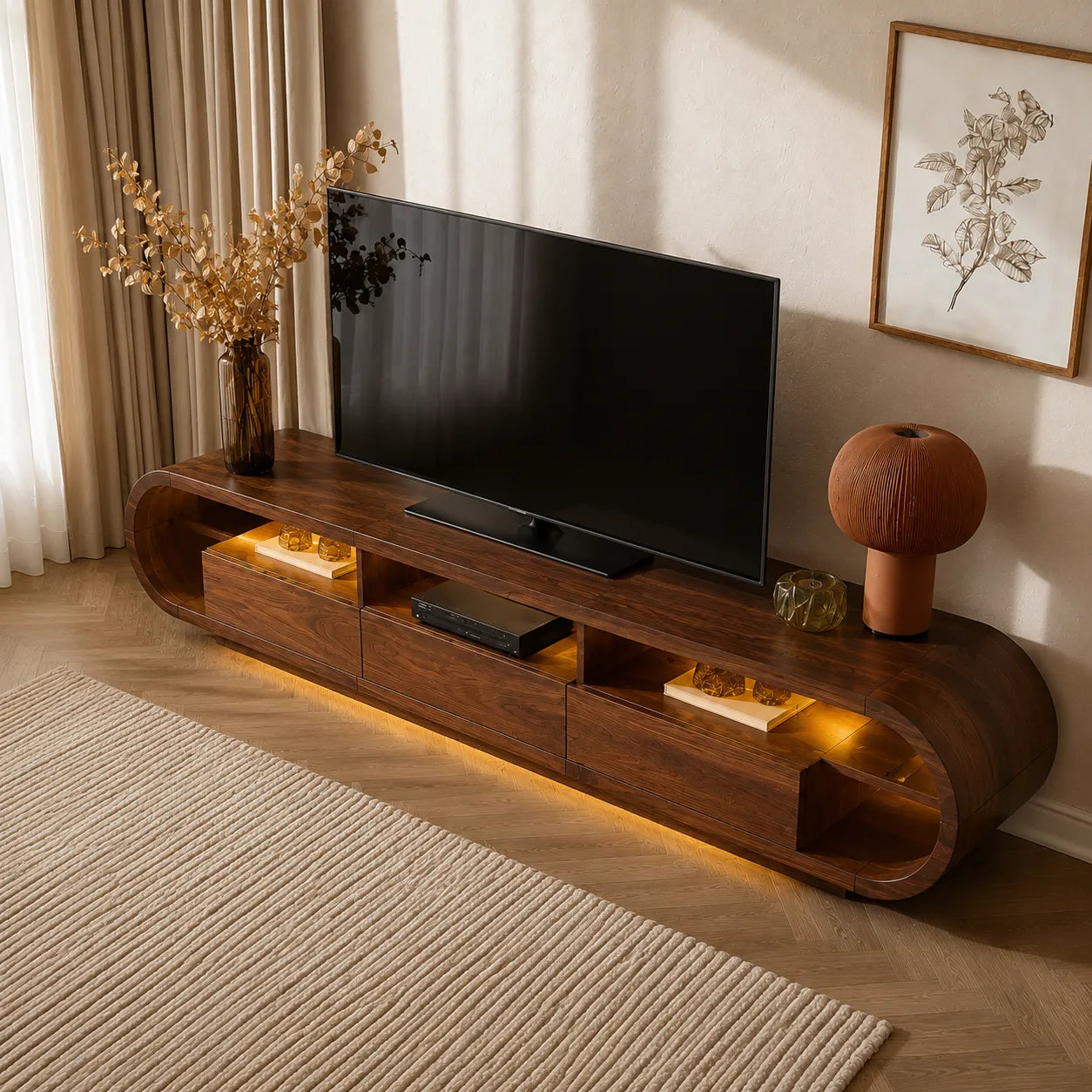 Rounded Edge TV Stand with Open Shelving and Drawer Storage Console