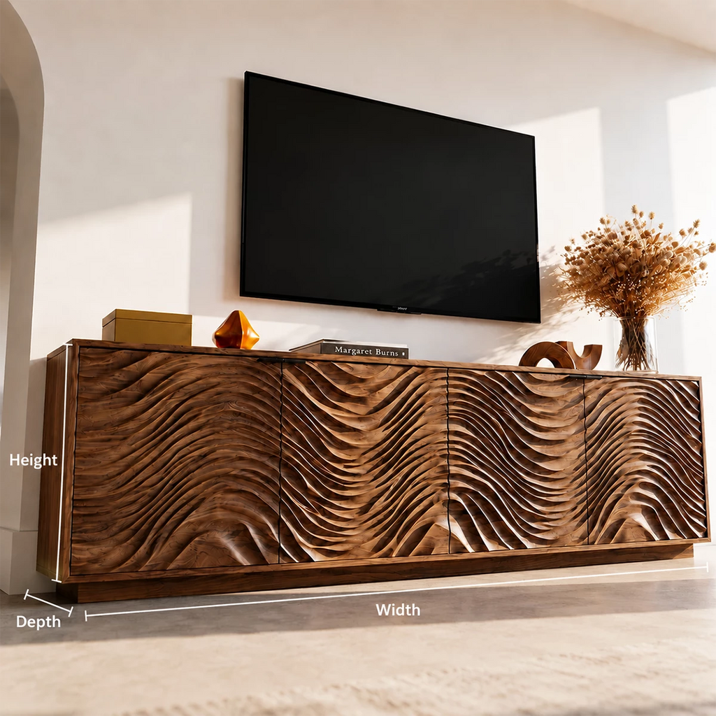 Natural Solid Wood TV Stand with Four Carved Doors and Wave Front Design