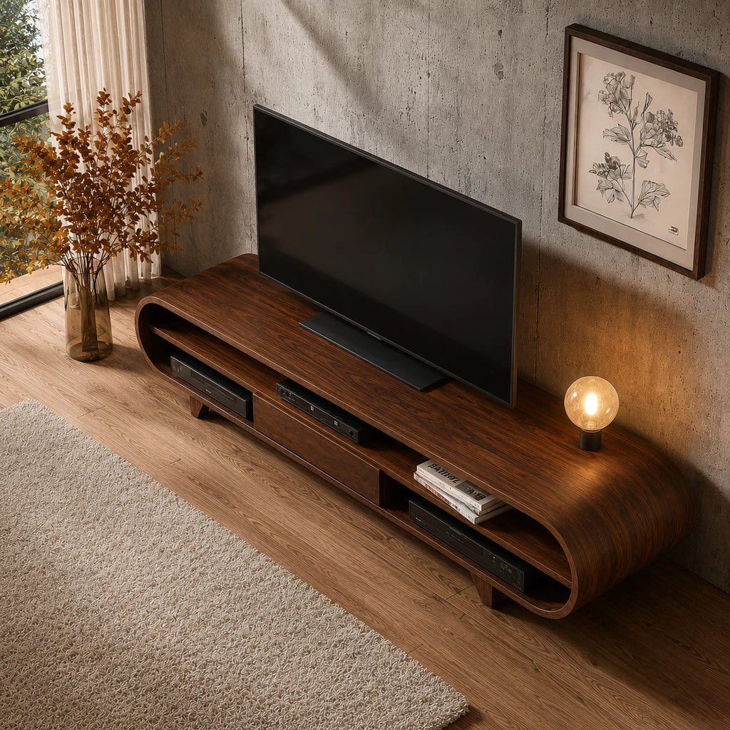 Rounded Edge Natural Solid Wood TV Stand with Open Media Storage
