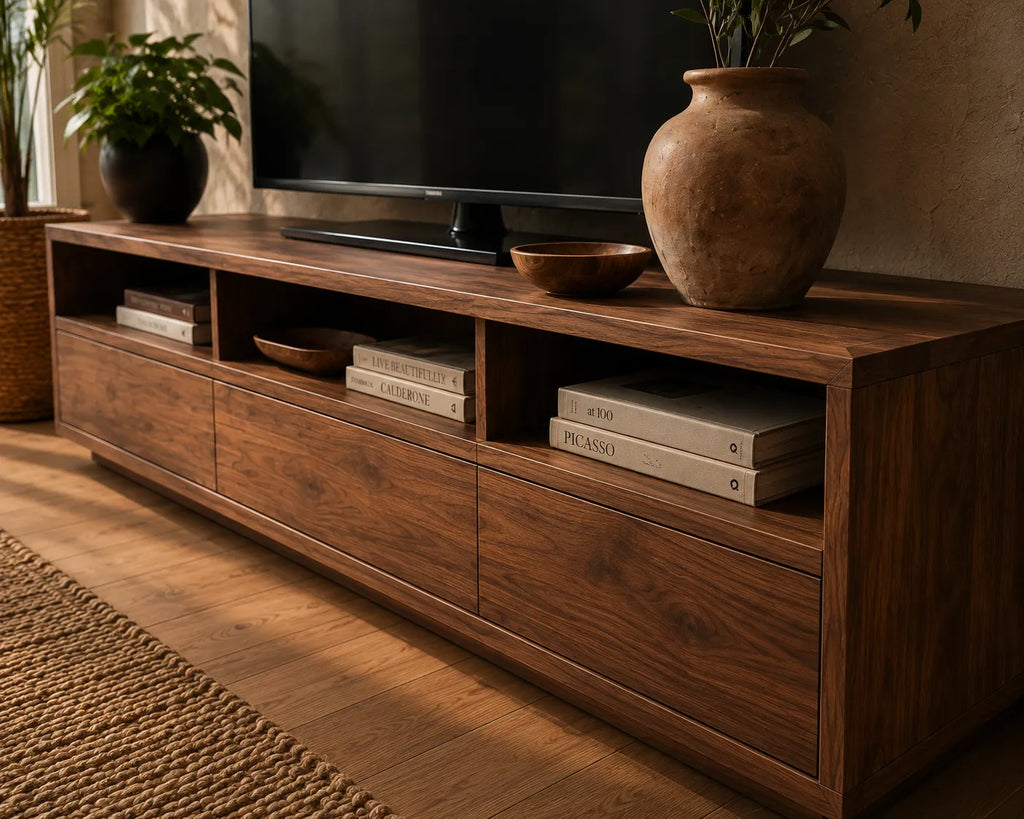 Minimalist Natural Solid Wood TV Stand with Open Shelf Storage