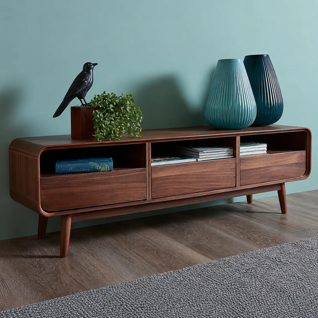 Mid Century Natural Solid Wood TV Stand with Rounded Frame Design
