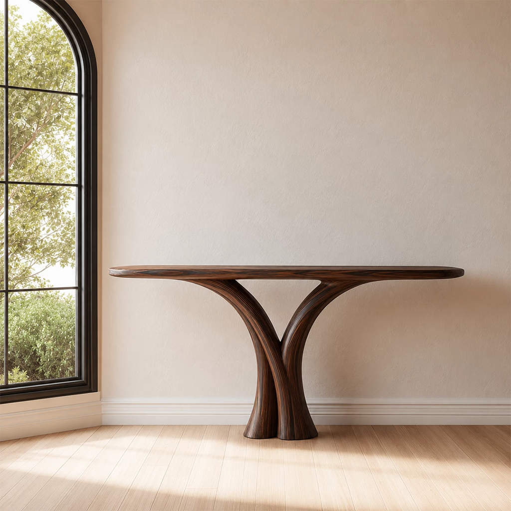 Sculptural Twin Arch Console Table in Natural Solid Wood