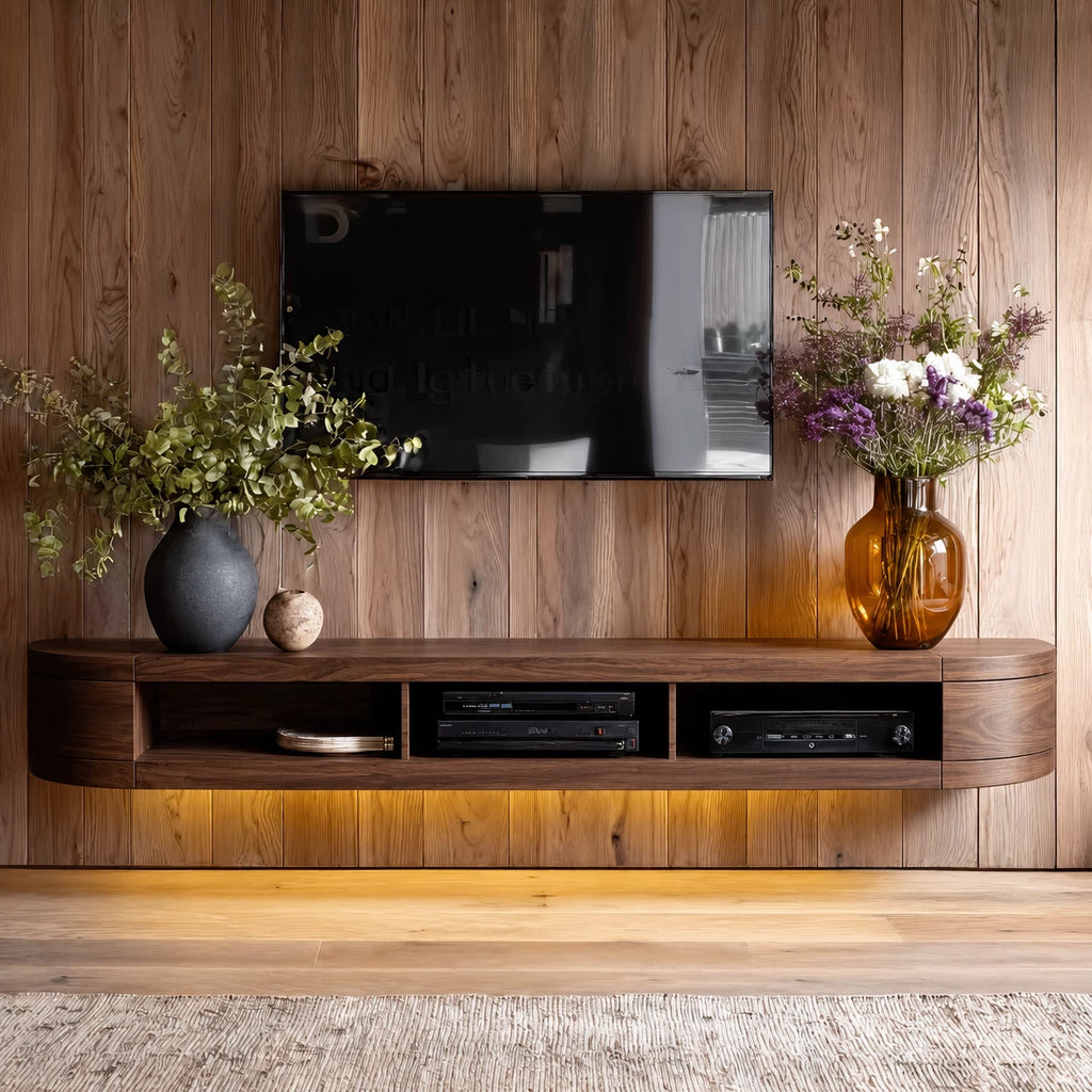 Wall Mounted Natural Solid Wood TV Stand with Open Media Storage Design