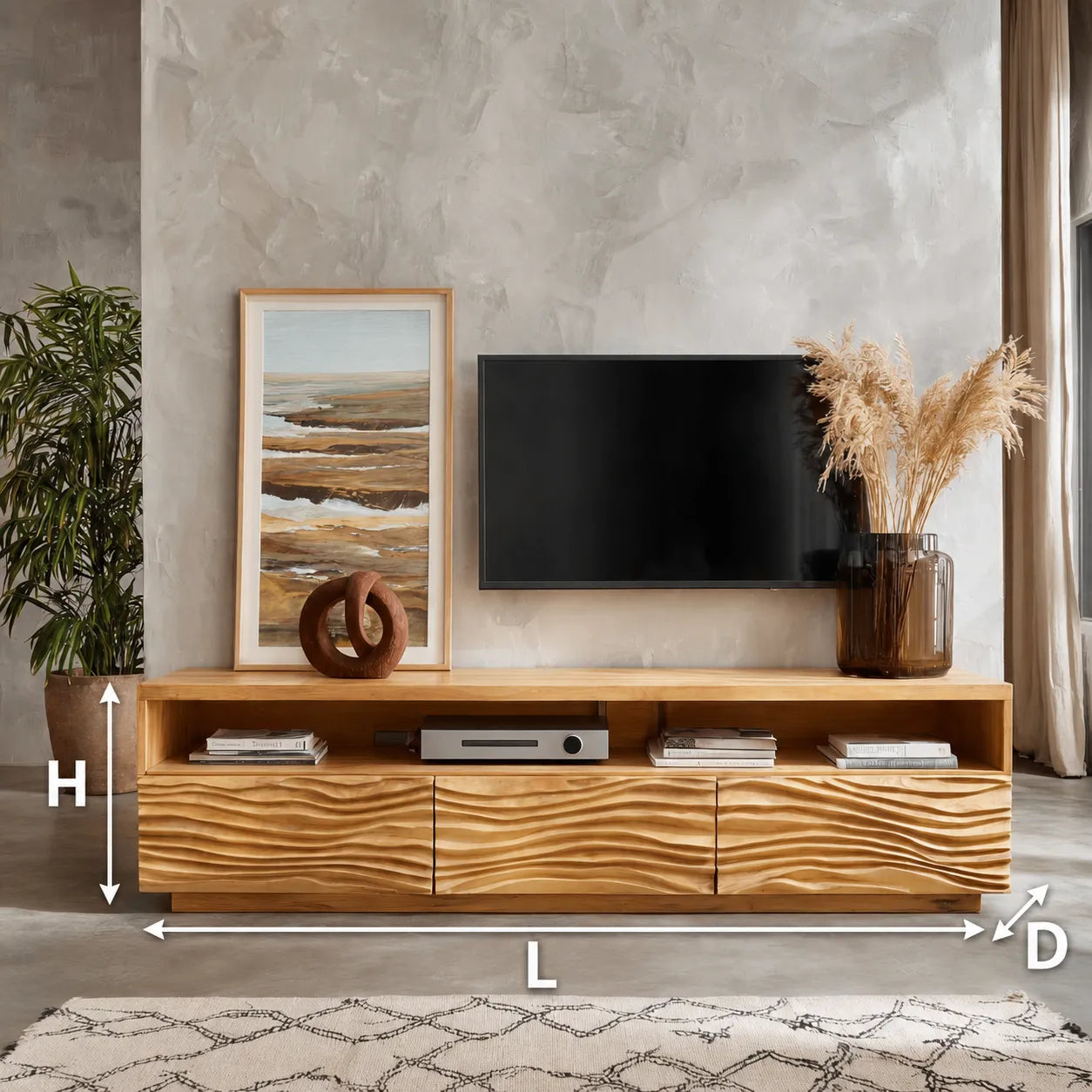 Wave Front TV Stand with Sculpted Storage and Open Display Shelf