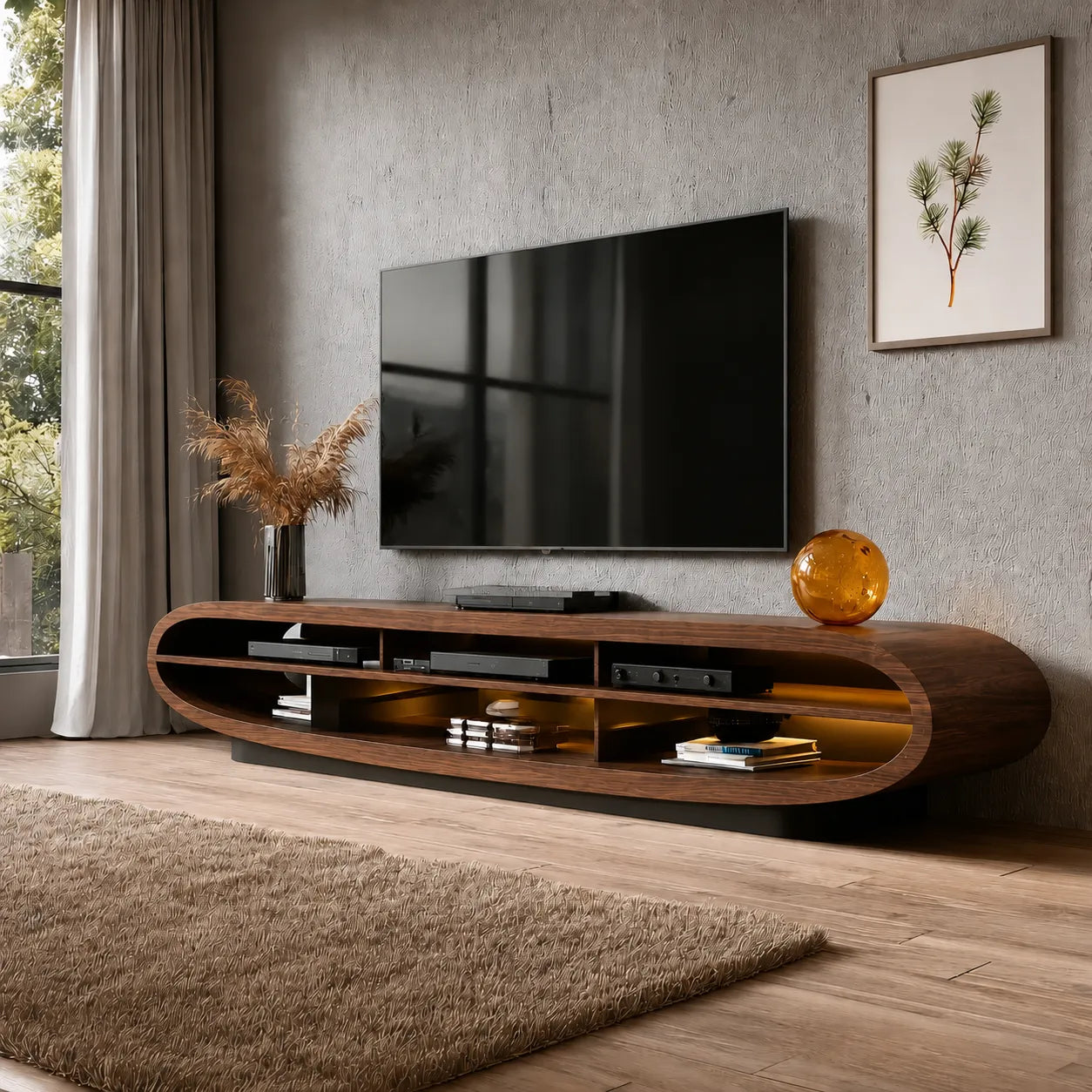 Curved Natural Solid Wood TV Stand with Open Media Console Storage