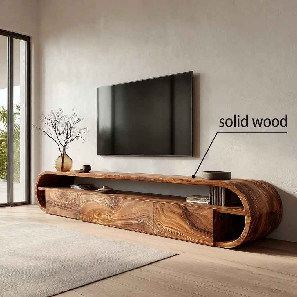 Curved Edge Natural Solid Wood TV Stand with Open Shelf Storage