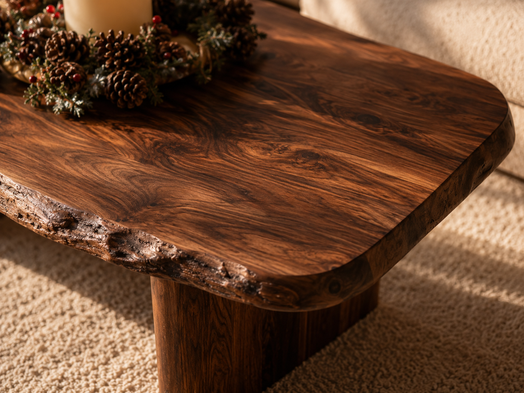 Live Edge Natural Solid Wood Coffee Table with Rustic Modern Form