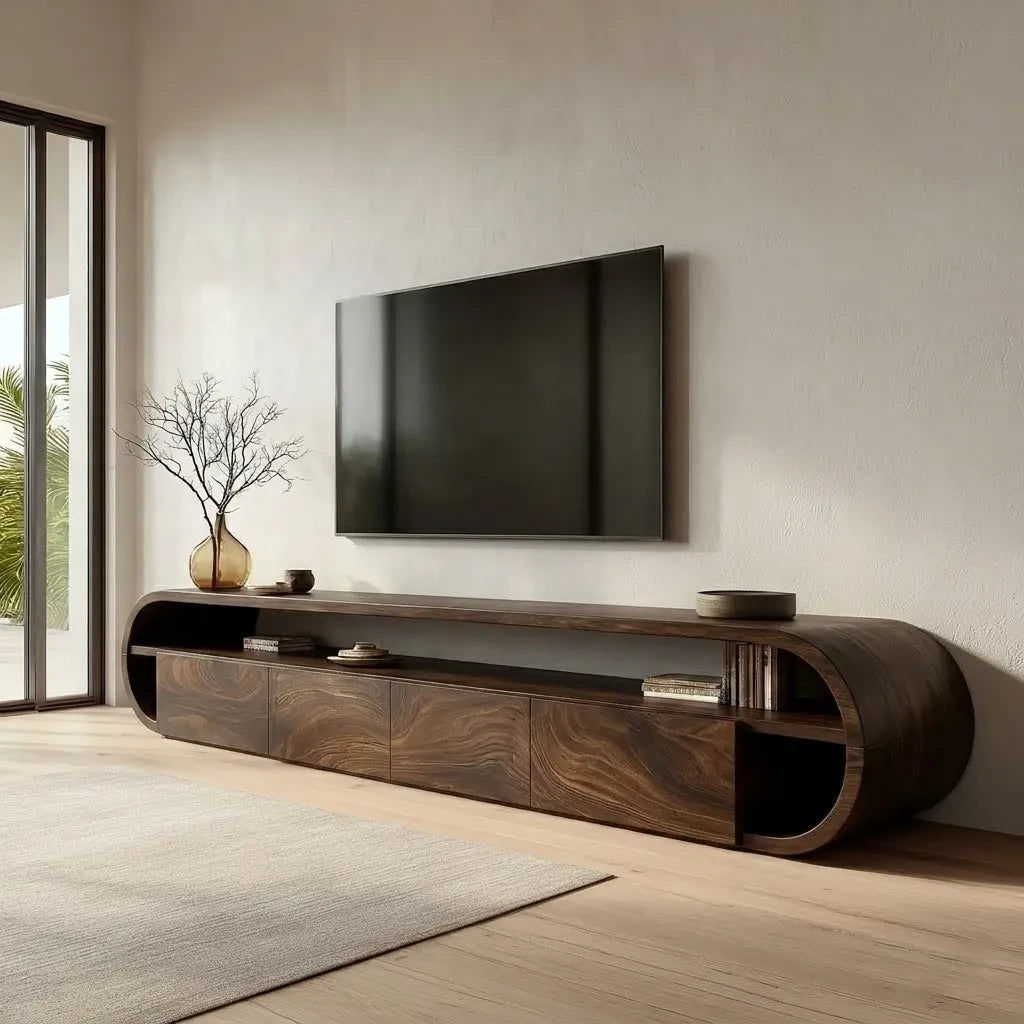 Curved Edge Natural Solid Wood TV Stand with Open Shelf Storage