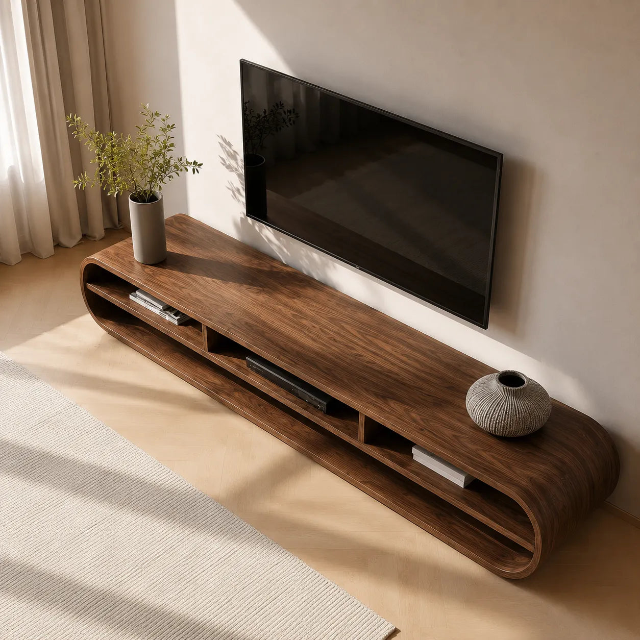 Capsule Natural Solid Wood TV Stand with Long Open Media Shelves