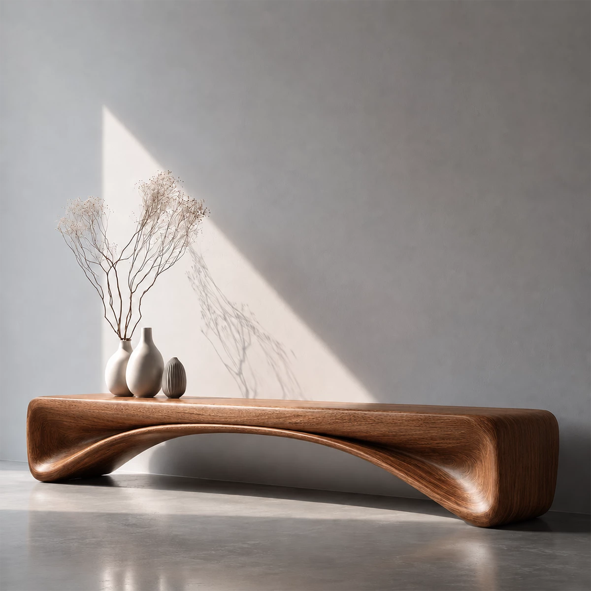Organic Curved Wood Console Bench – Natural Wood Entryway Table for Modern Interior