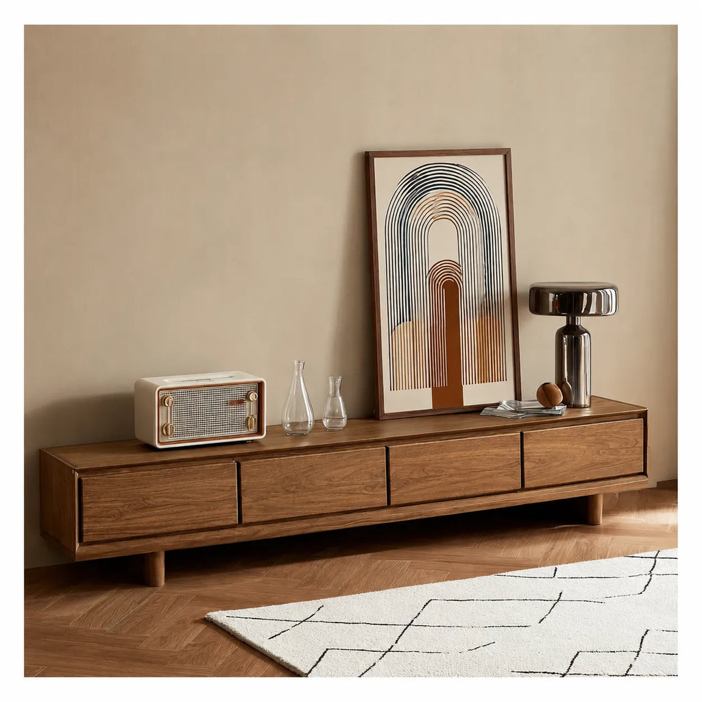 Modern Natural Solid Wood TV Stand with Four Drawer Storage Design