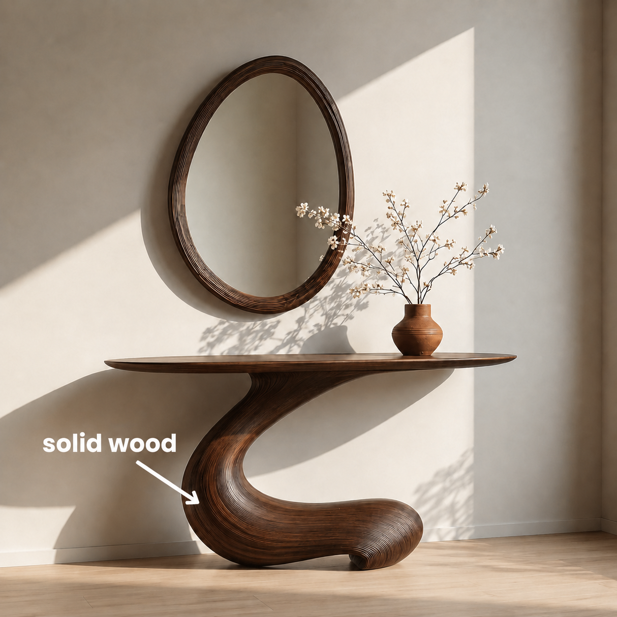 Sculptural Round Base Wood Console Table – Organic Natural Wood Console for Modern Interior