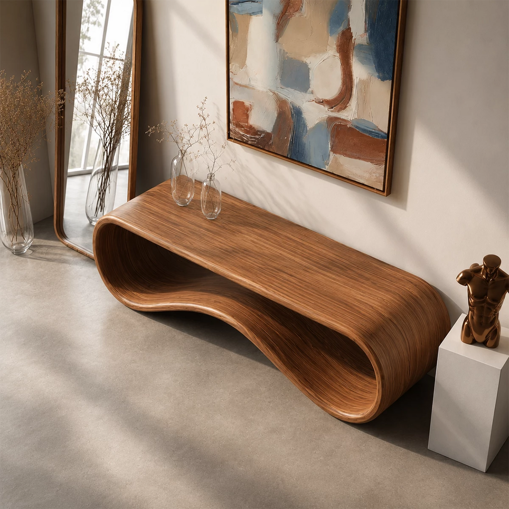 Sculptural Wave Wood Console Table – Organic Natural Wood Entryway Table for Modern Interior