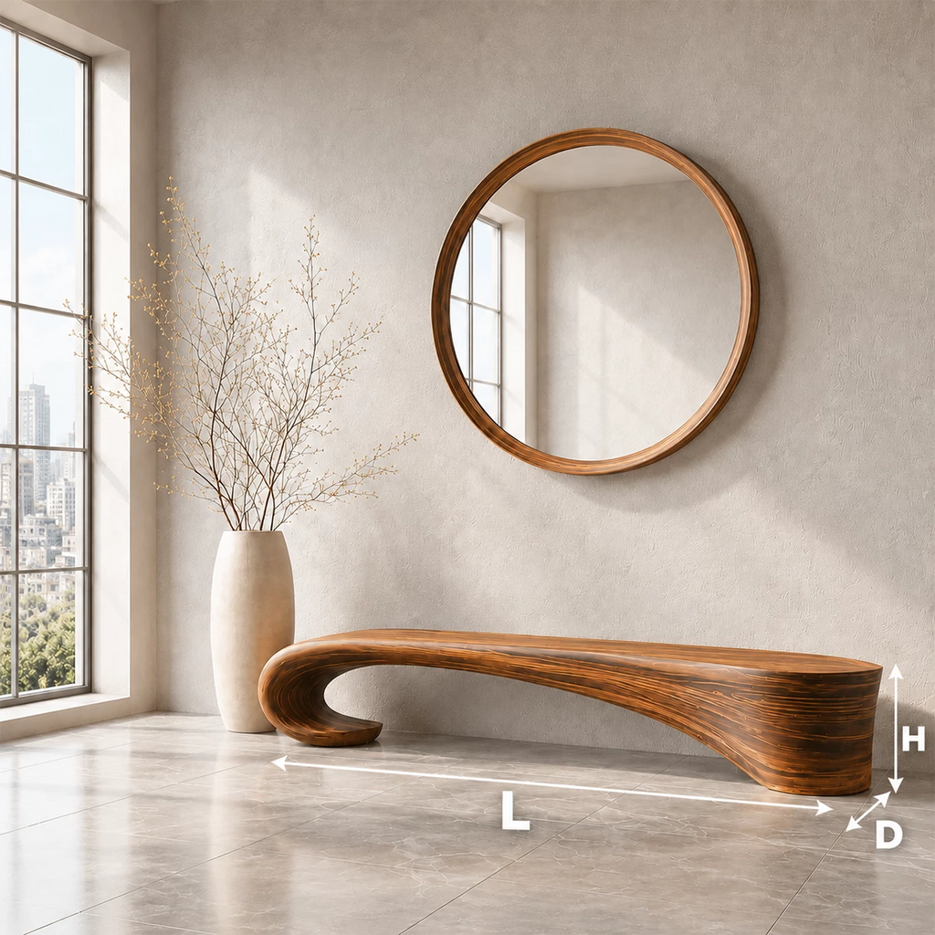 Sculptural Wave Wood Bench – Organic Natural Wood Entryway Bench for Modern Interior