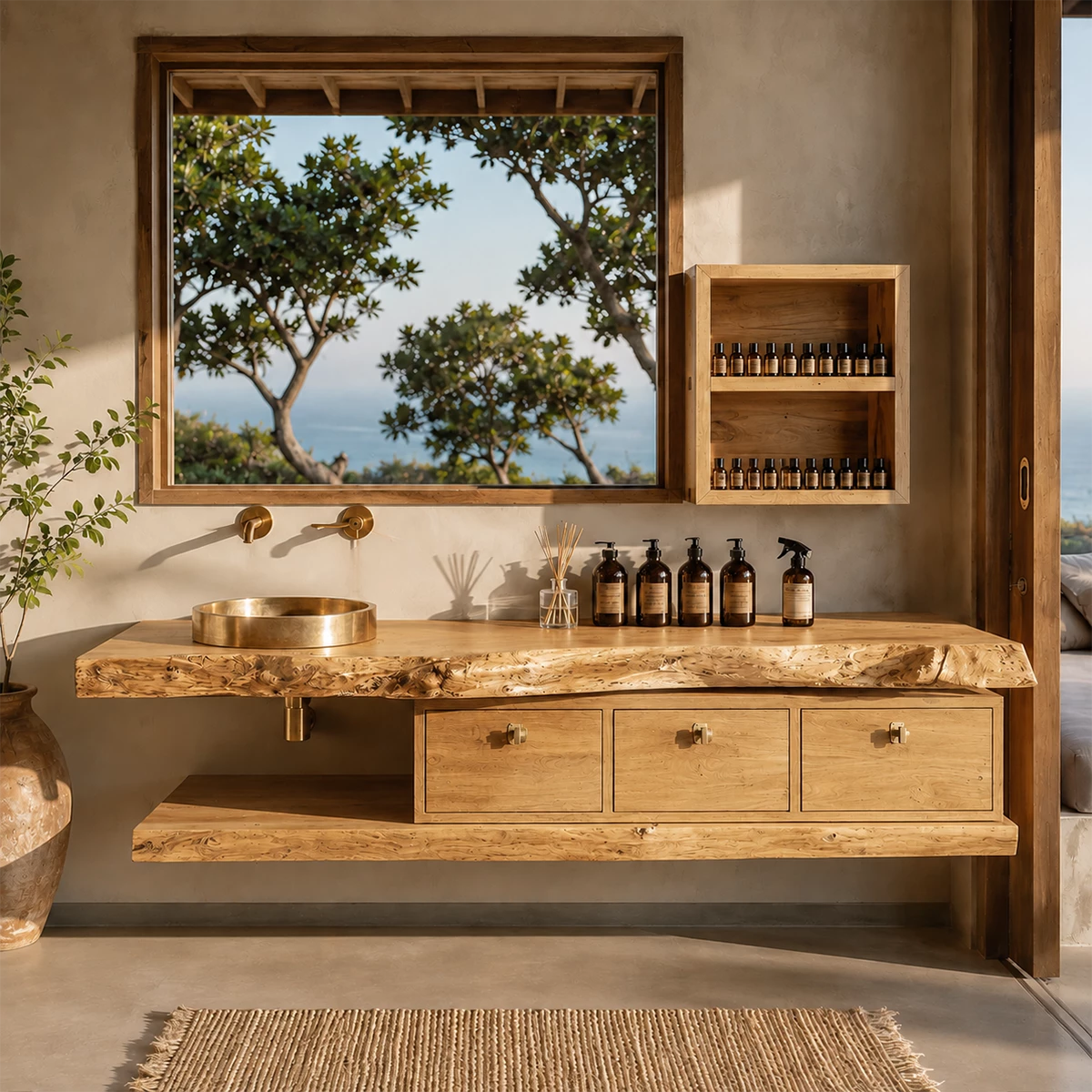 Live Edge Floating Bathroom Vanity With Solid Wood Drawers & Open Shelf