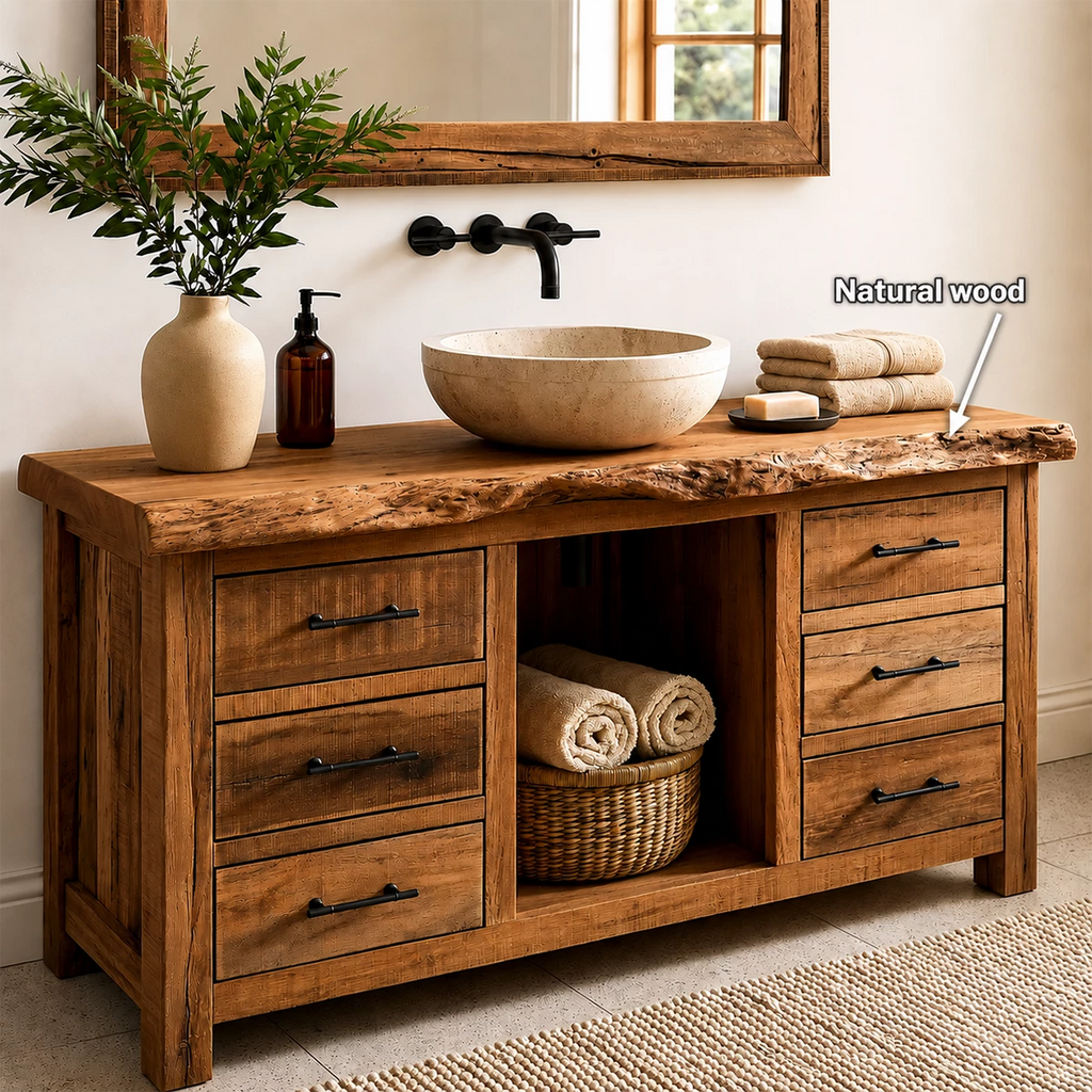 Rustic Solid Wood Bathroom Vanity With Live Edge Top & 6 Drawers