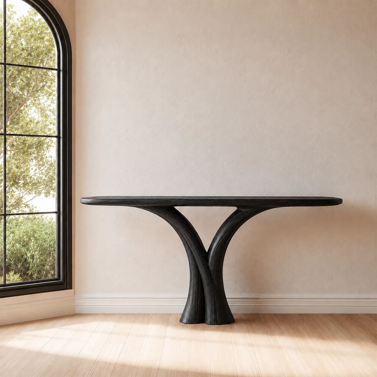 Sculptural Twin Arch Console Table in Natural Solid Wood
