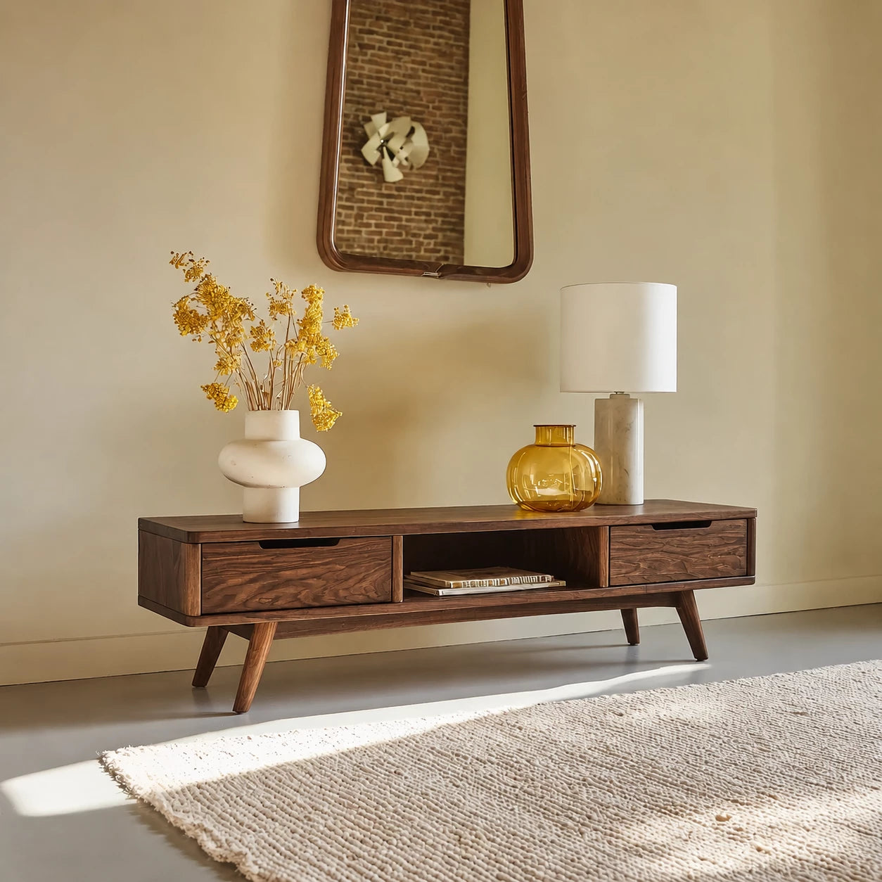 Mid Century Natural Solid Wood TV Stand with Open Shelf Storage
