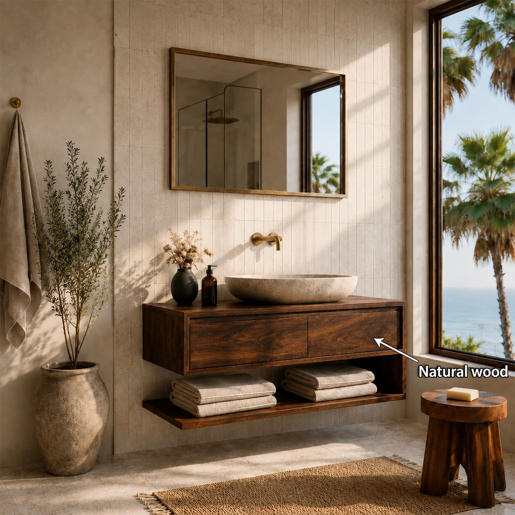 Floating Solid Wood Bathroom Vanity With Vessel Sink & Open Towel Shelf
