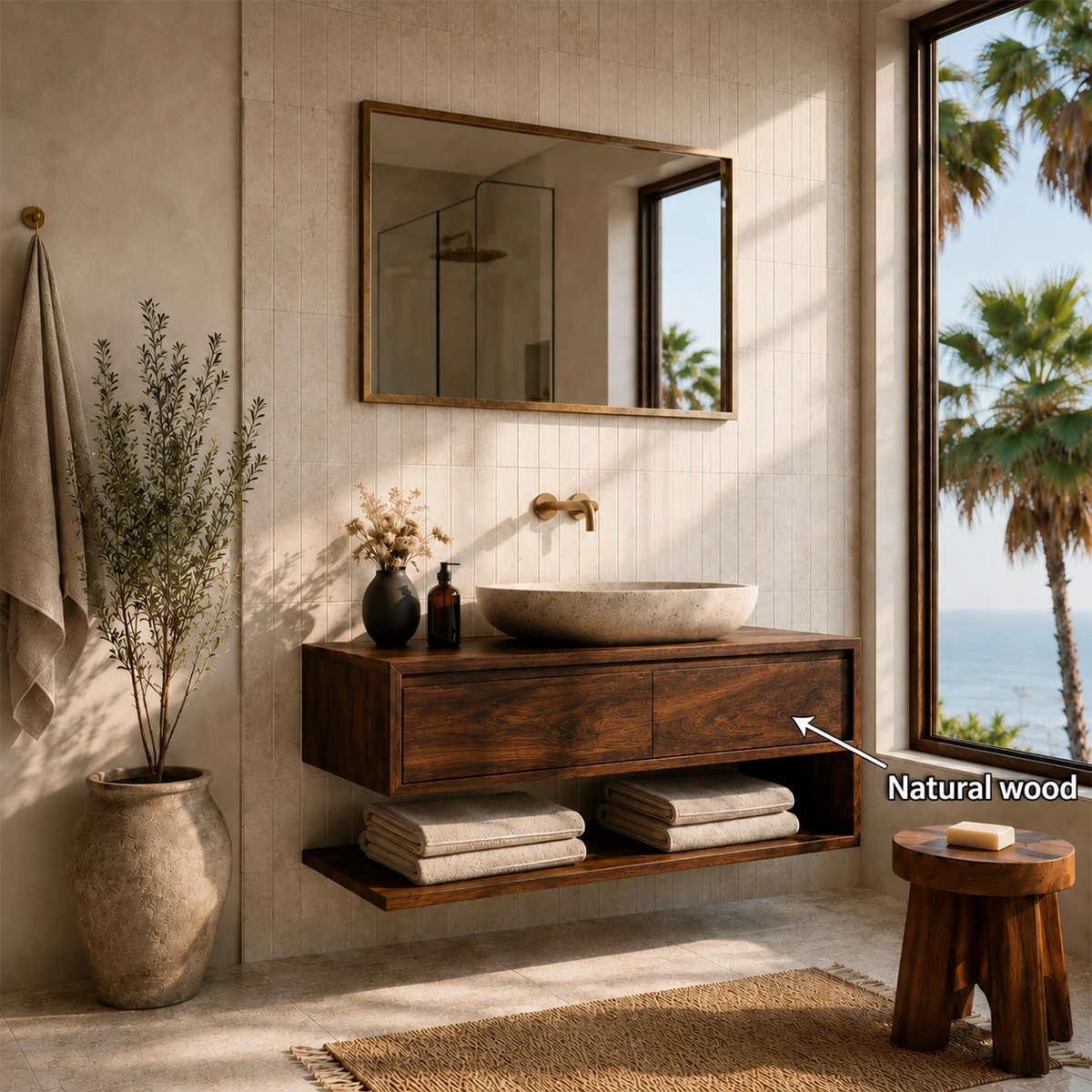 Floating Solid Wood Bathroom Vanity With Vessel Sink & Open Towel Shelf