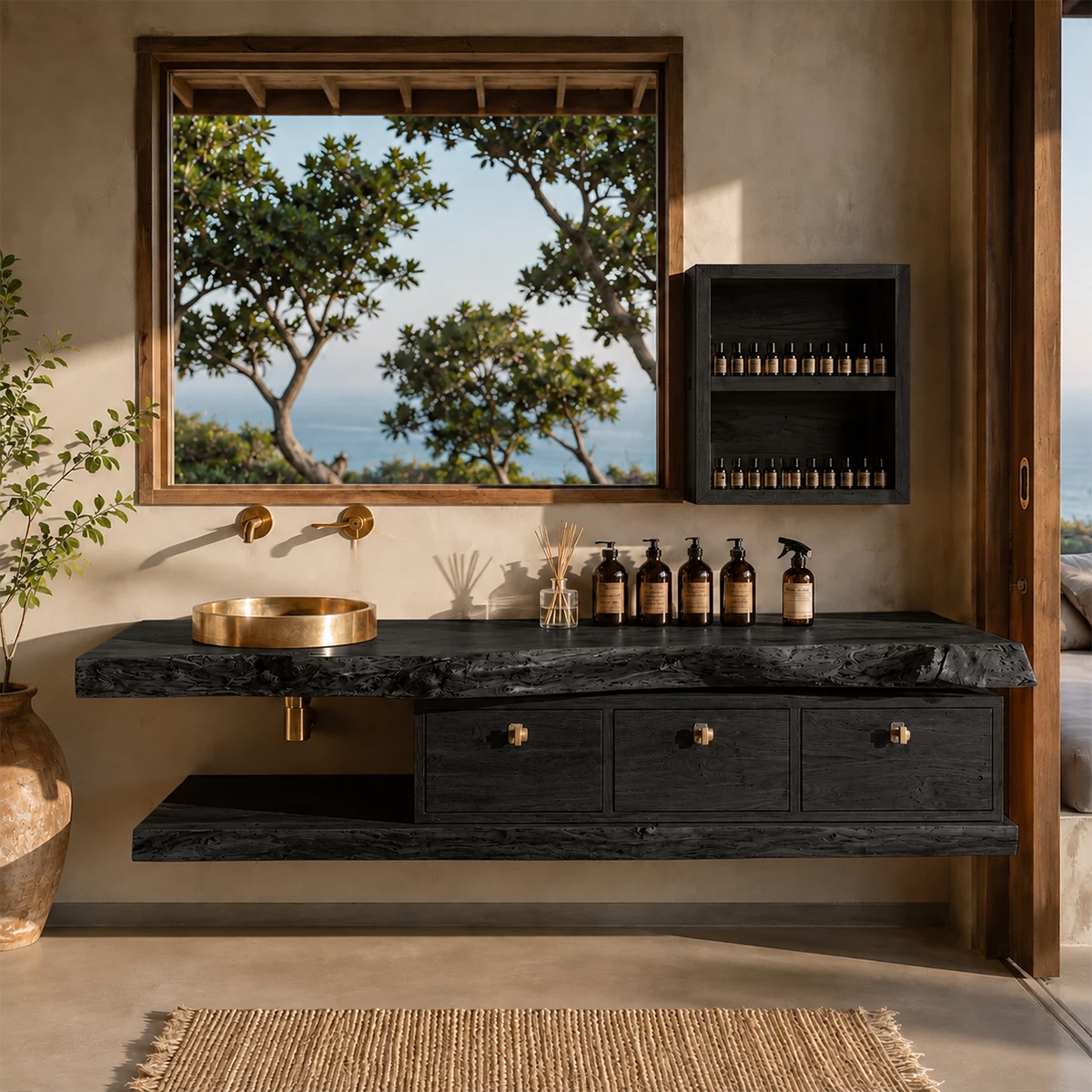 Live Edge Floating Bathroom Vanity With Solid Wood Drawers & Open Shelf