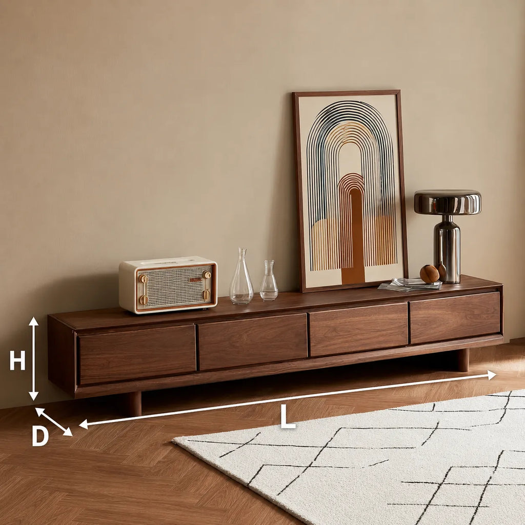 Modern Natural Solid Wood TV Stand with Four Drawer Storage Design