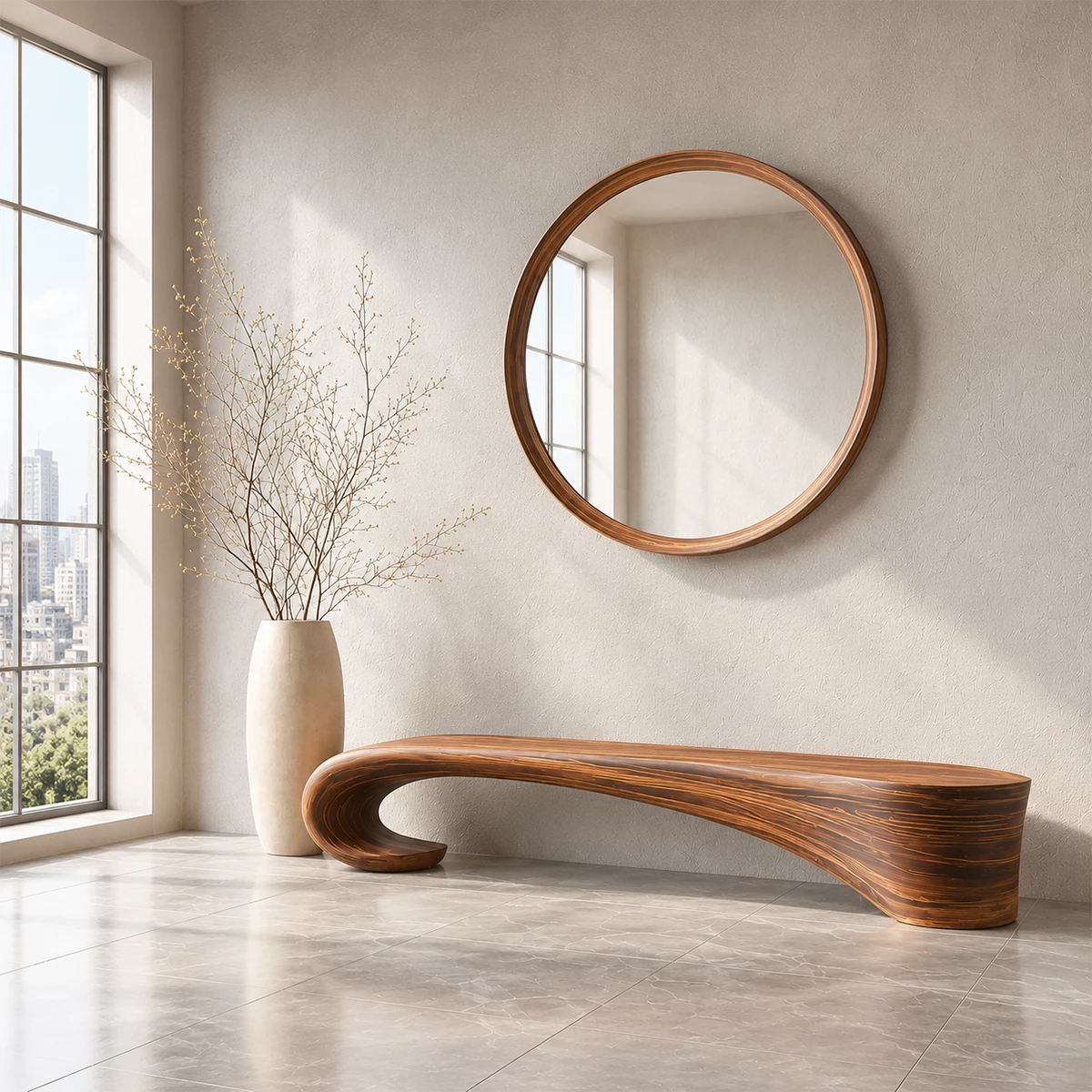 Sculptural Wave Wood Bench – Organic Natural Wood Entryway Bench for Modern Interior