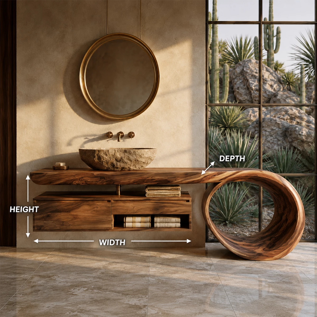 Organic Floating Bathroom Vanity With Live Edge Wood Top & Sculptural Loop Base